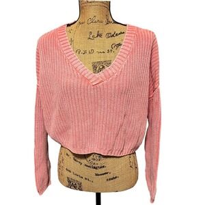 Aeropostale Cropped V-Neck Oversized Cable Knit Sweater‎ Coral Pink Size S